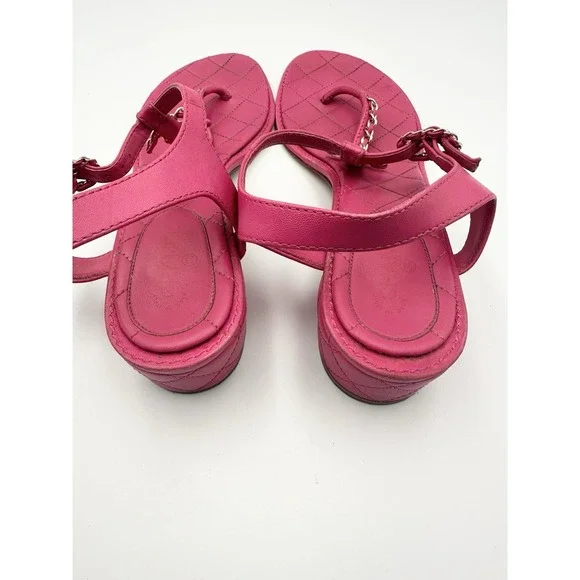 CHANEL Authentic Lambskin Fuchsia And Gold Color Thong Sandals Coco 42 US 11 - Picture 10 of 16